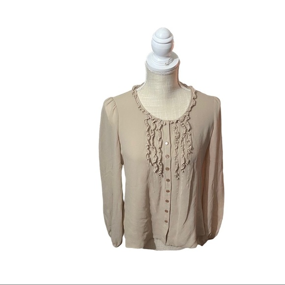 Pendleton Khaki Semi-Sheer 100% Silk Ruffled Neck Button Front LS Blouse Women 8 - Picture 1 of 10